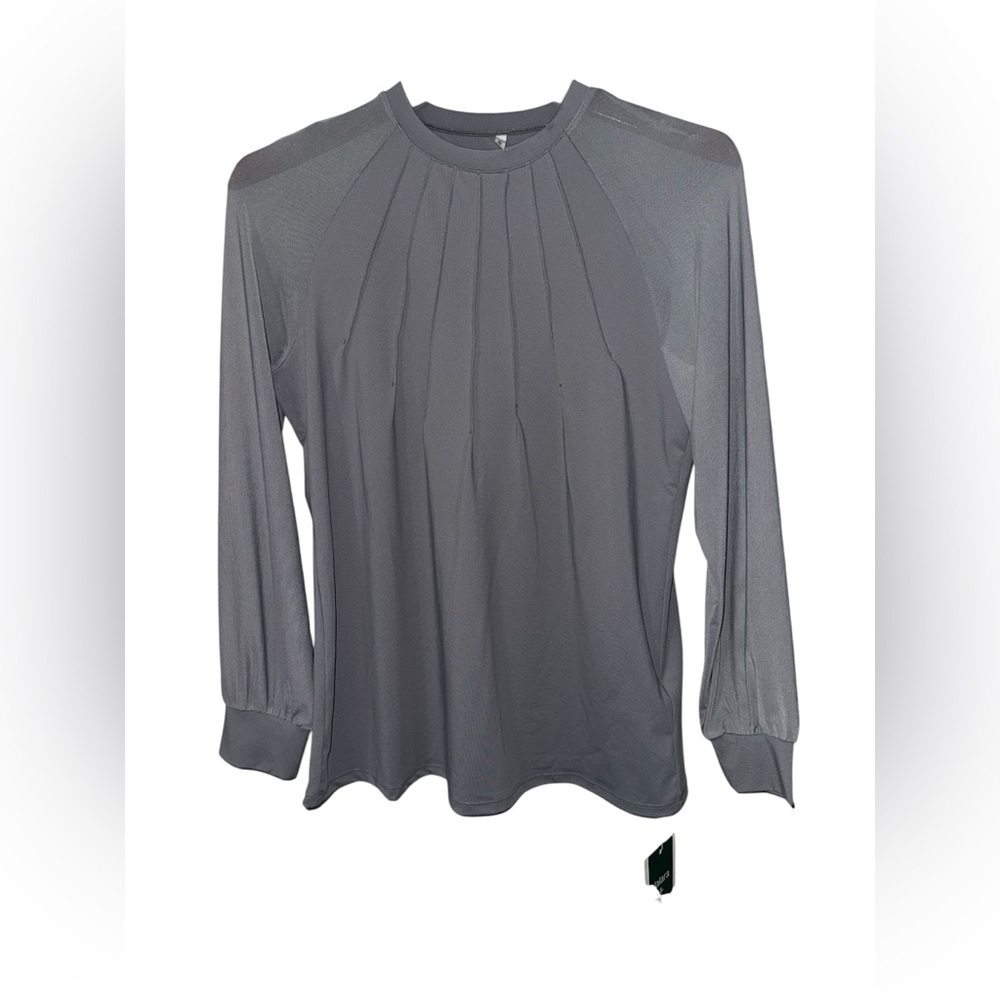 HALARA Long Sleeve Pleated Crewneck Tee in Gray